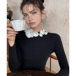 Commense Black Long Sleeve Top with White Floral Detail
